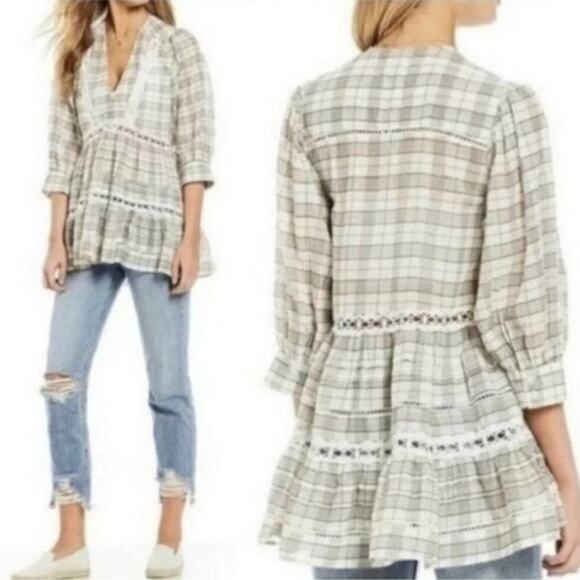 NWT Free People Time Out Lace Trim Plaid Puff Sleeve Trapeze Tunic Blouse Sz M - Picture 2 of 15